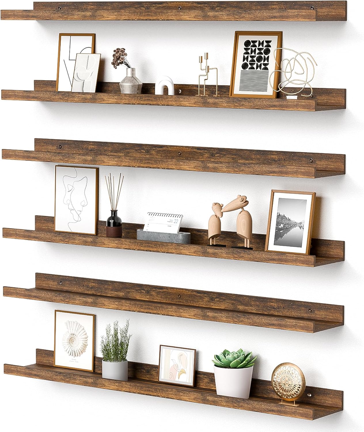 upsimples 6 Pack Wooden Floating Shelves, Wall Storage Decor Shelf for Bathroom, Bedroom, Living Room, Kitchen, Office and Laundry Room, Wall Mounted Display Hanging Shelf, Brown