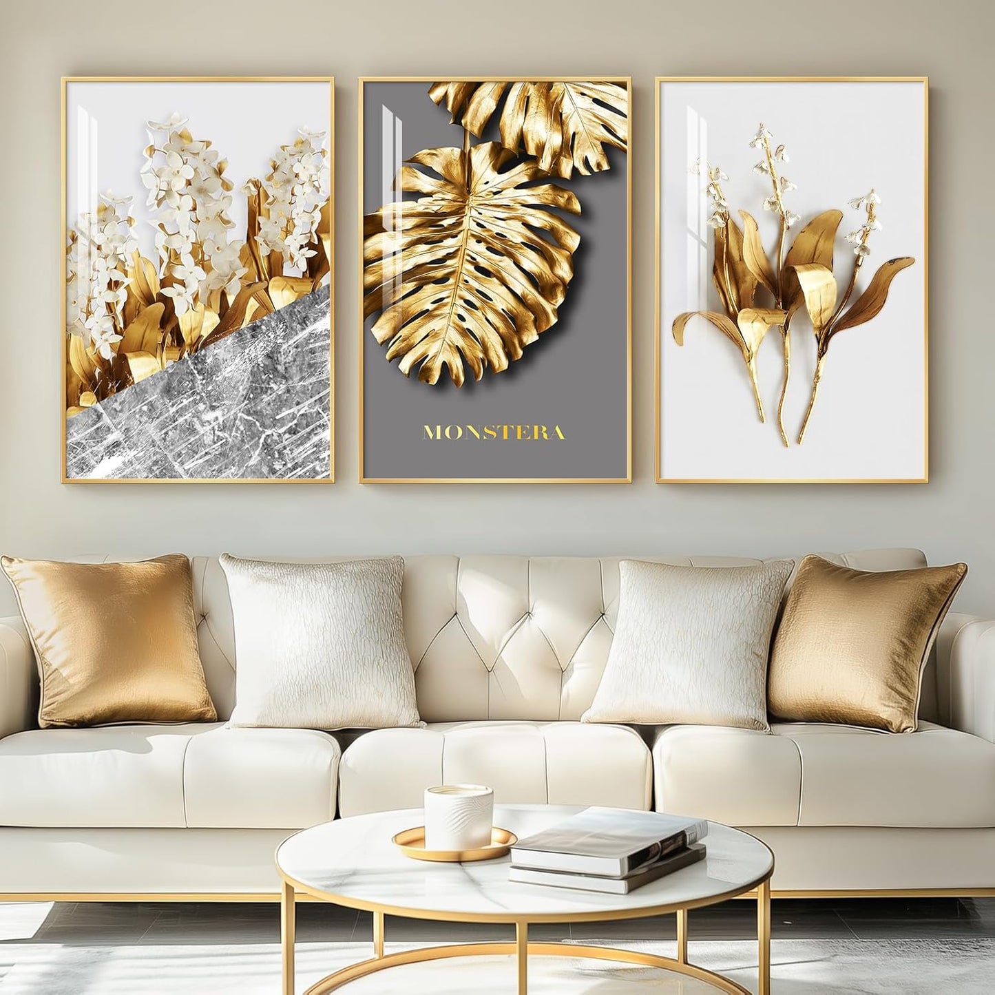 Framed Modern Luxury Gold Wall Art, Set of 3 Piece Contemporary Paintings Artwork for Walls, Golden Prints Pictures with Gold Frame, Wall Decor for Living Room, Hallway, Bedroom, Office 16x24 Inch