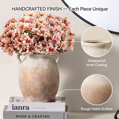 Dobbyby Ceramic Flower Vase 7.6 inch Farmhouse Rustic Vase Decorative Pottery Terracotta Vases for Home Decor Table Mantle Fireplace Living Room Bathroom Wedding Centerpiece (Whitewashed)