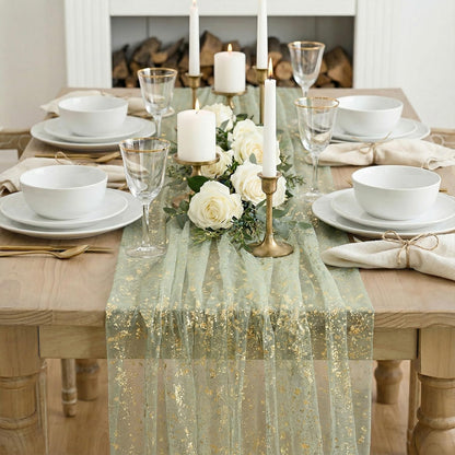 Artoid Mode Beige Gold Gauze Table Runner 120 Inch 10FT, Glitter Metallic Foil Sheer Dining Wedding Anniversary Holiday Birthday Table Decor for Home Party