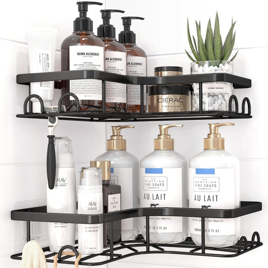 Sakugi Corner Shower Caddy - 2 Pack, Adhesive Shower Organizers, Rustproof Stainless Steel Shower Shelves with 8 Hooks, No Drilling Bathroom Organizers and Storage Racks, Space-Saving, Black, Medium