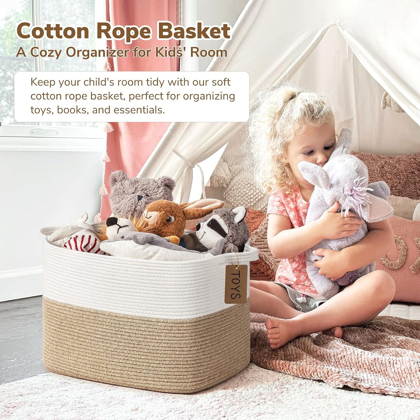 Goodpick Woven Storage Basket, Cotton Rope Basket for Dog Toys, Books, Stylish Gift Basket with Handles, 13 x 10 x 9 Inches Square Baskets for Organizing, Brown and White