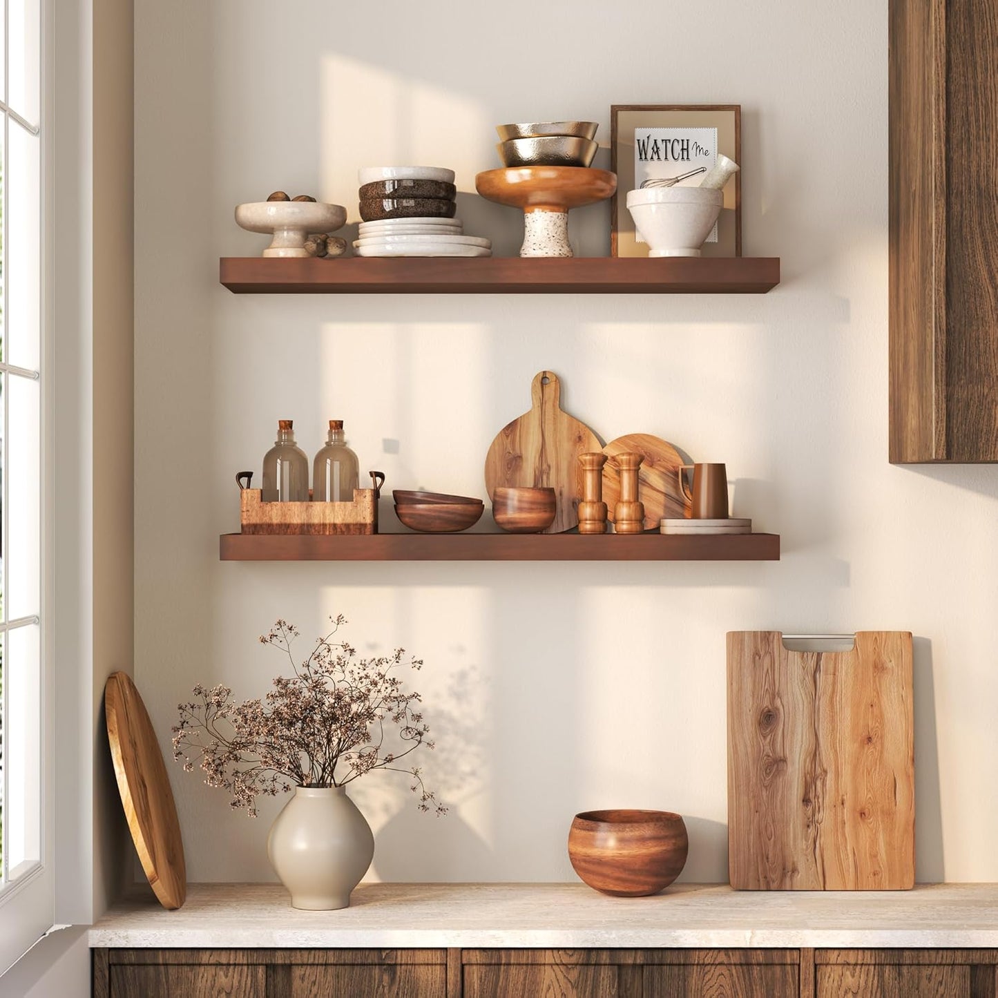 Floating Shelves 36 Inches Long - 8 Inch Deep Rustic Premium Solid Pine Wood for Storage - Farmhouse Wall Mounted for Living Room - Heavy-Duty Metal Bracket - 36" W x 8" D - Set of 2 - White Color