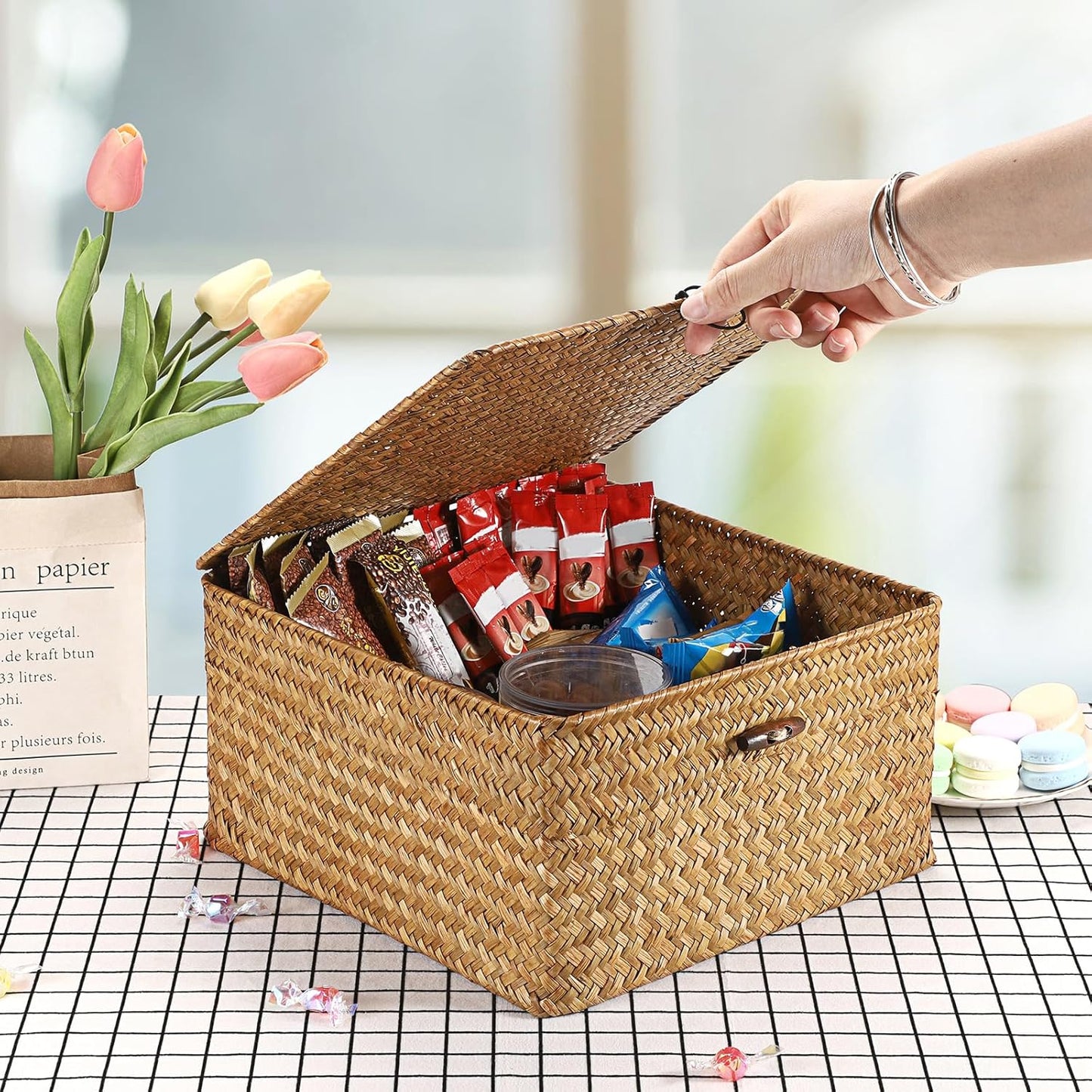 Hipiwe Seagrass Basket with Lid Wicker Storage Basket Square Handwoven Decorative Baskets Box for Shelf Multipurpose Household Baskets Home Decor,X-small