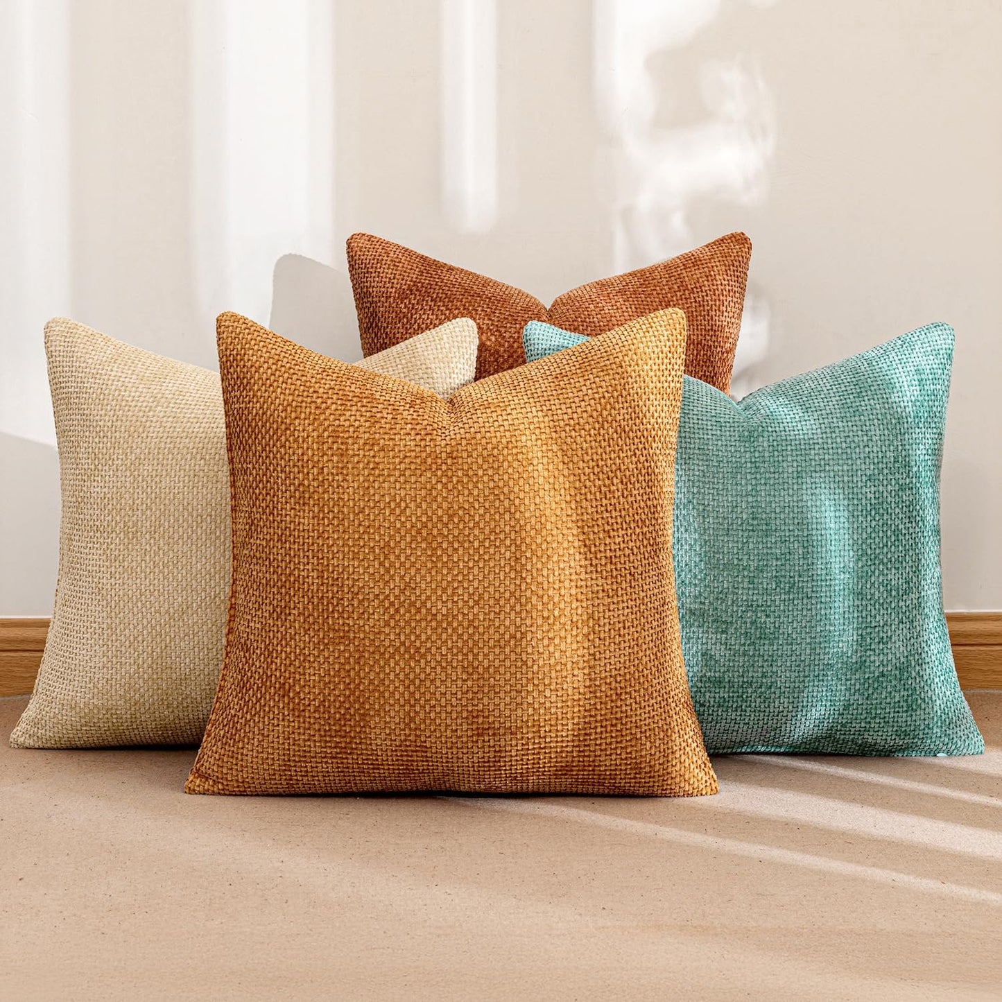 MIULEE Pack of 4 Couch Throw Pillow Covers 18x18 Inch Neutral Soft Decorative Chenille Pillow Covers Farmhouse Boho Cushion Covers for Mid Century Modern Spring Home Decor Sofa Bedroom Living Room