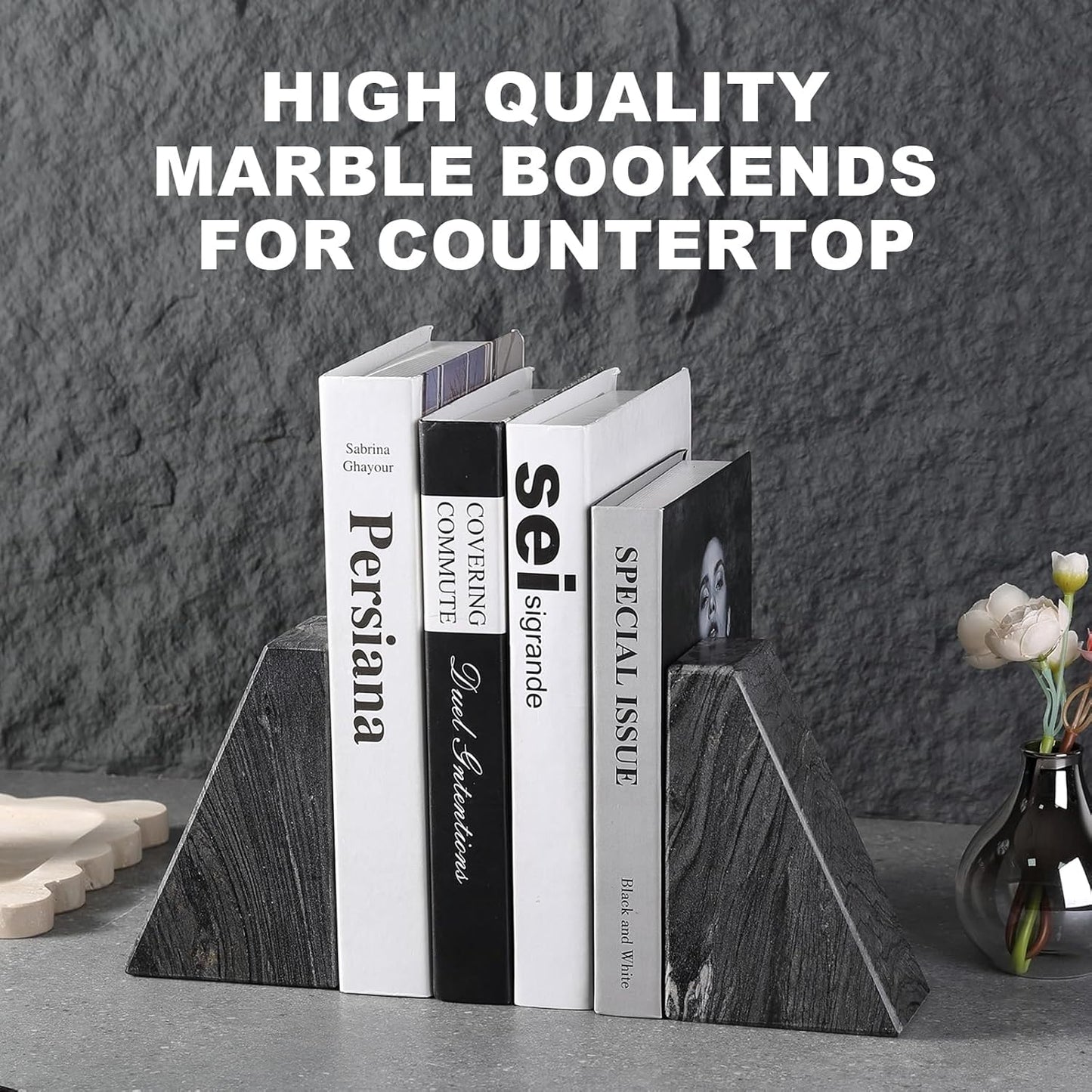 Karibiber Travertine Bookends for Heavy Books, Marble Decorative Bookends for Shelves, Heavy-Duty Stone Book Ends for Hardback Book & Cookbooks, Unique Book Stopper & Holder, Travertino Italy