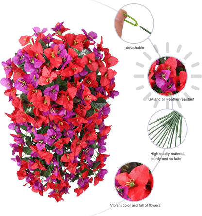 Faux Bougainvillea Artificial Flowers Plants for Outdoor Outside Decoration, 2 PCS Red Fake Flowers UV Resistant Look Real Silk Long Trailing Vines for Front Door Porch Planter Urn Patio Garden Yard