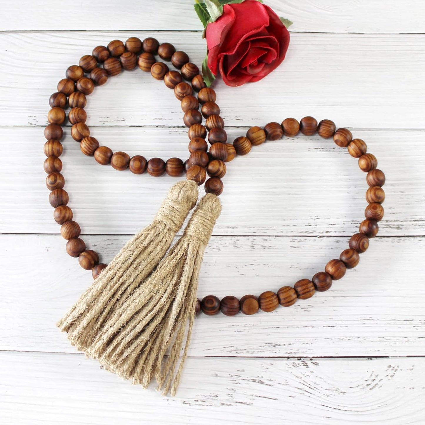 CVHOMEDECO. Wood Beads Garland with Tassels Farmhouse Rustic Wooden Prayer Bead String Wall Hanging Accent for Home Festival Decor. Mix Distressed