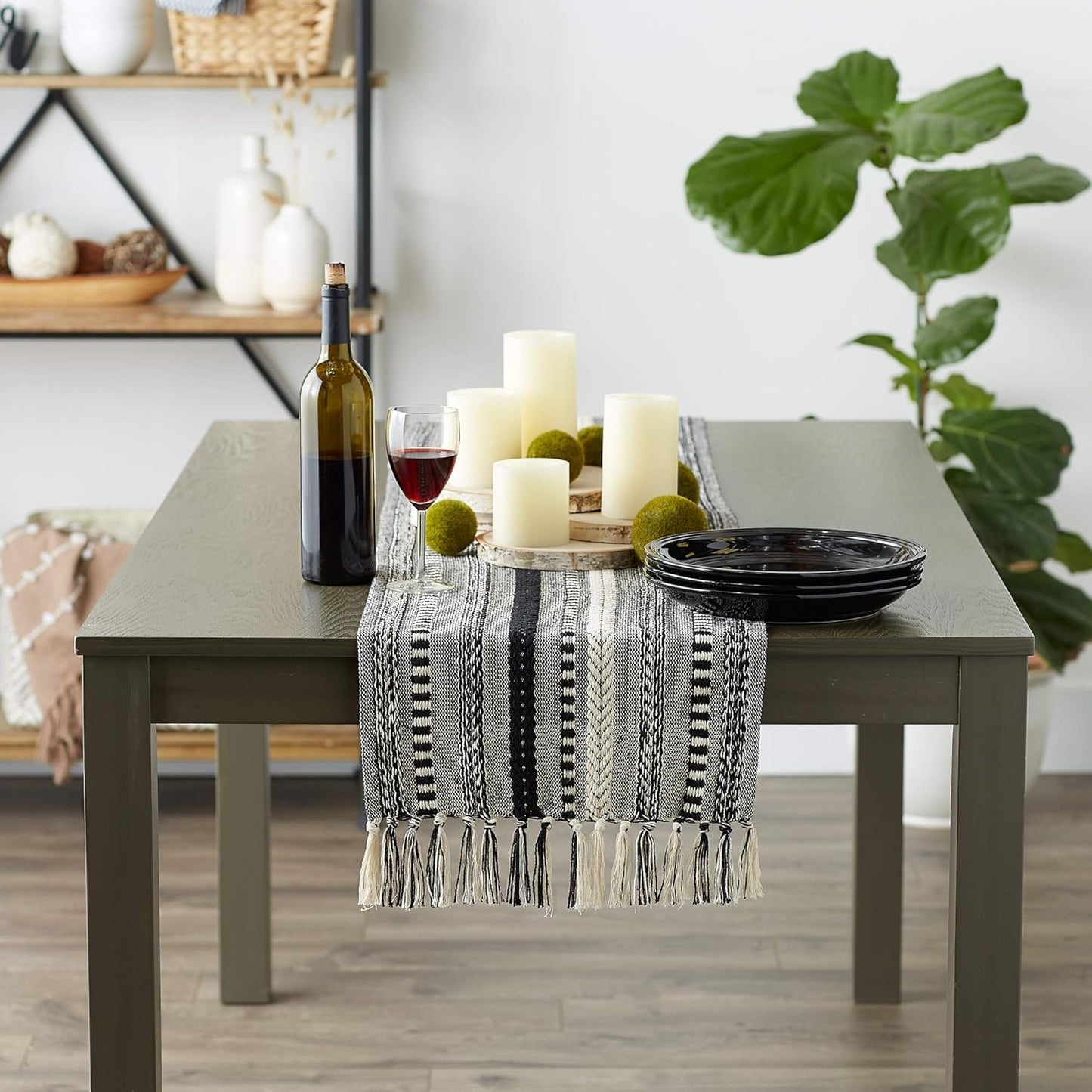 DII Farmhouse Braided Stripe Table Runner Collection, 15x72 (15x77, Fringe Included), Black