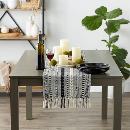 DII Farmhouse Braided Stripe Table Runner Collection, 15x72 (15x77, Fringe Included), Black