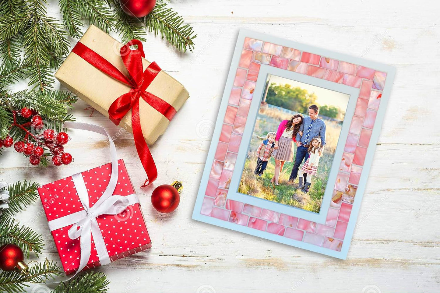 Silver Plate Picture Frame 5x7 Mother of Pearl 5 by 7 Photo Frame Mosaic Glass Tabletop Frame (Grey+ White,1pc)