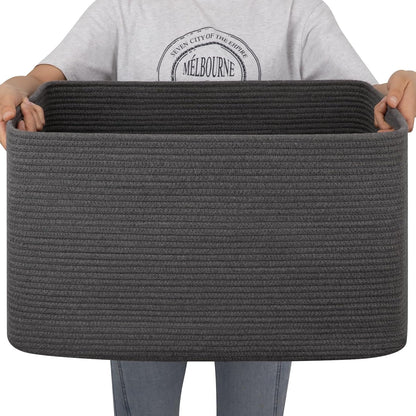 OIAHOMY 75L Large Woven Cotton Rope Storage Basket with Handle for Organizing Blanket and Toys for Living Room, Nursery, Brown Variegated 22”x17”x12”