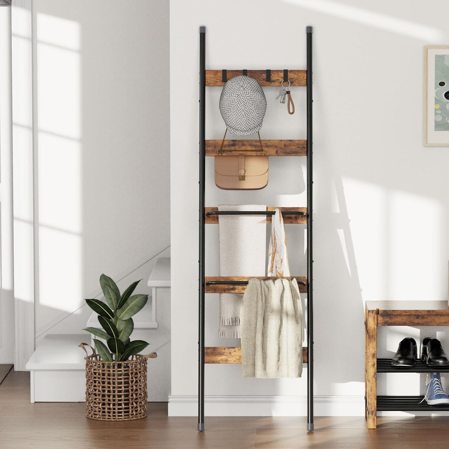 Blanket Ladder, 5-Tier Towel Holder with 4 Removable Hooks, Farmhouse Wall Leaning Decorative Rack Shelf, Wooden Towel Display Rack, Quilt Ladder for Living Room, Bedroom, Rustic Brown