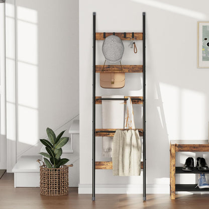 Blanket Ladder, 5-Tier Towel Holder with 4 Removable Hooks, Farmhouse Wall Leaning Decorative Rack Shelf, Wooden Towel Display Rack, Quilt Ladder for Living Room, Bedroom, Rustic Brown