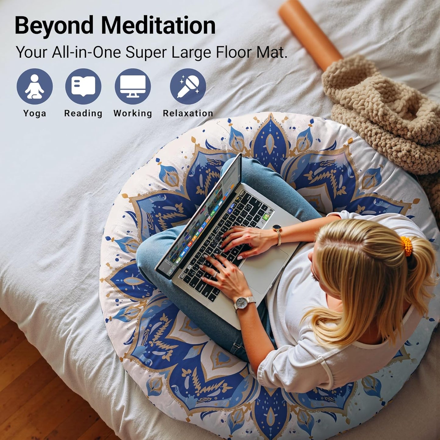 Meditation Cushion Set of 2, 32 Inch Extra Thick Memory Foam Round Floor Pillow with Removable Washable Cover, Bohemian Mandala Yoga Cushion for Adults - Ideal Holiday Decor, Brown