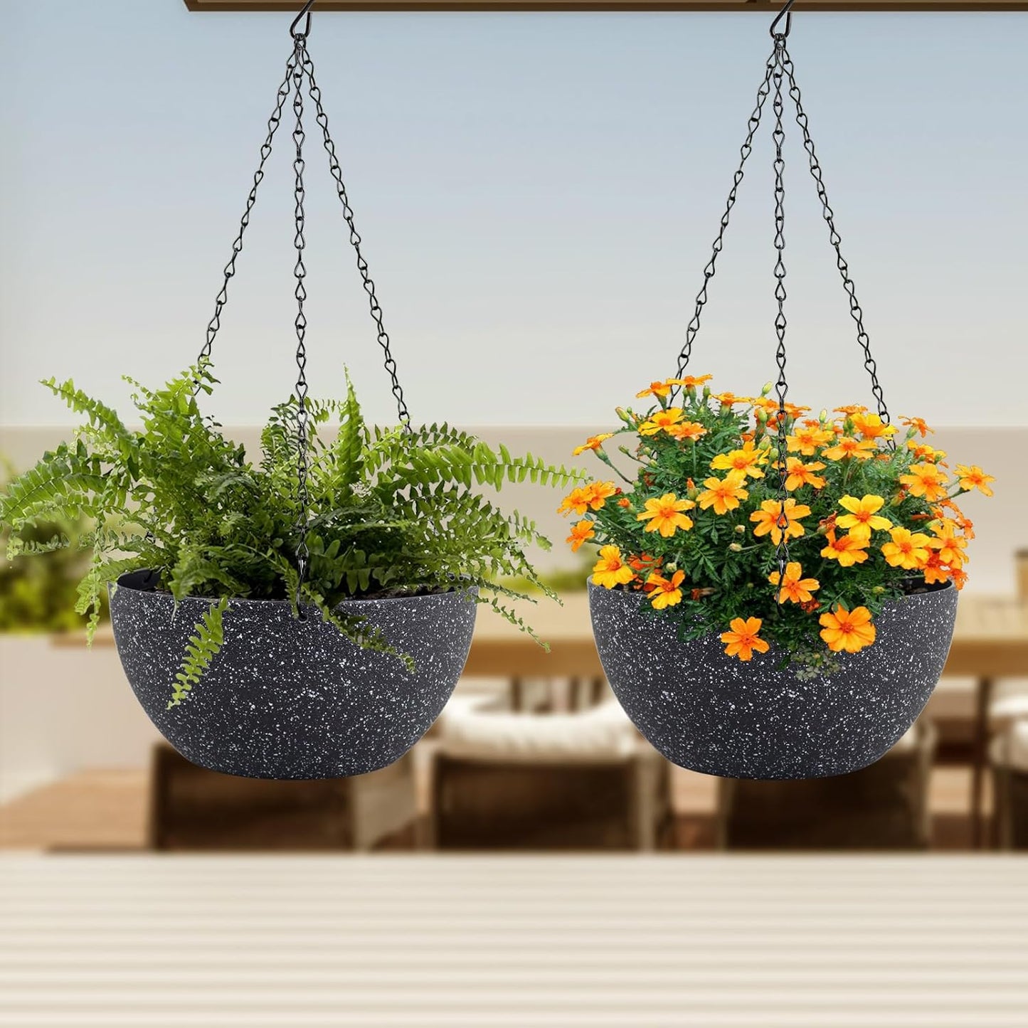 Meowell 10 inch Hanging Planters for Indoor Outdoor Plants, 2 Pack Hanging Flower Pots with Drainage Holes and Chain for Garden Porch, Plastic Hanging Baskets for House Plants, Speckled Grey