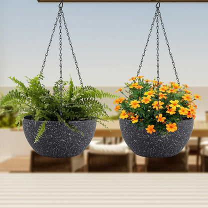 Meowell 10 inch Hanging Planters for Indoor Outdoor Plants, 2 Pack Hanging Flower Pots with Drainage Holes and Chain for Garden Porch, Plastic Hanging Baskets for House Plants, Speckled Grey