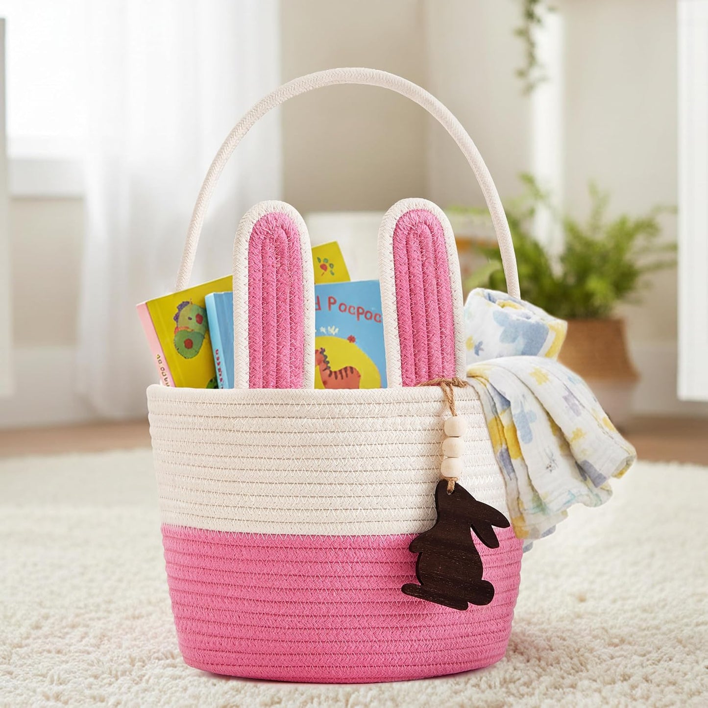 Pro Goleem Small Woven Basket with Gift Bags and Ribbons Durable Baskets for Mothers Day Gifts Empty Small Rope Basket for Storage 12"X 8" X 5" Baby Toy Baskets with Handles, White