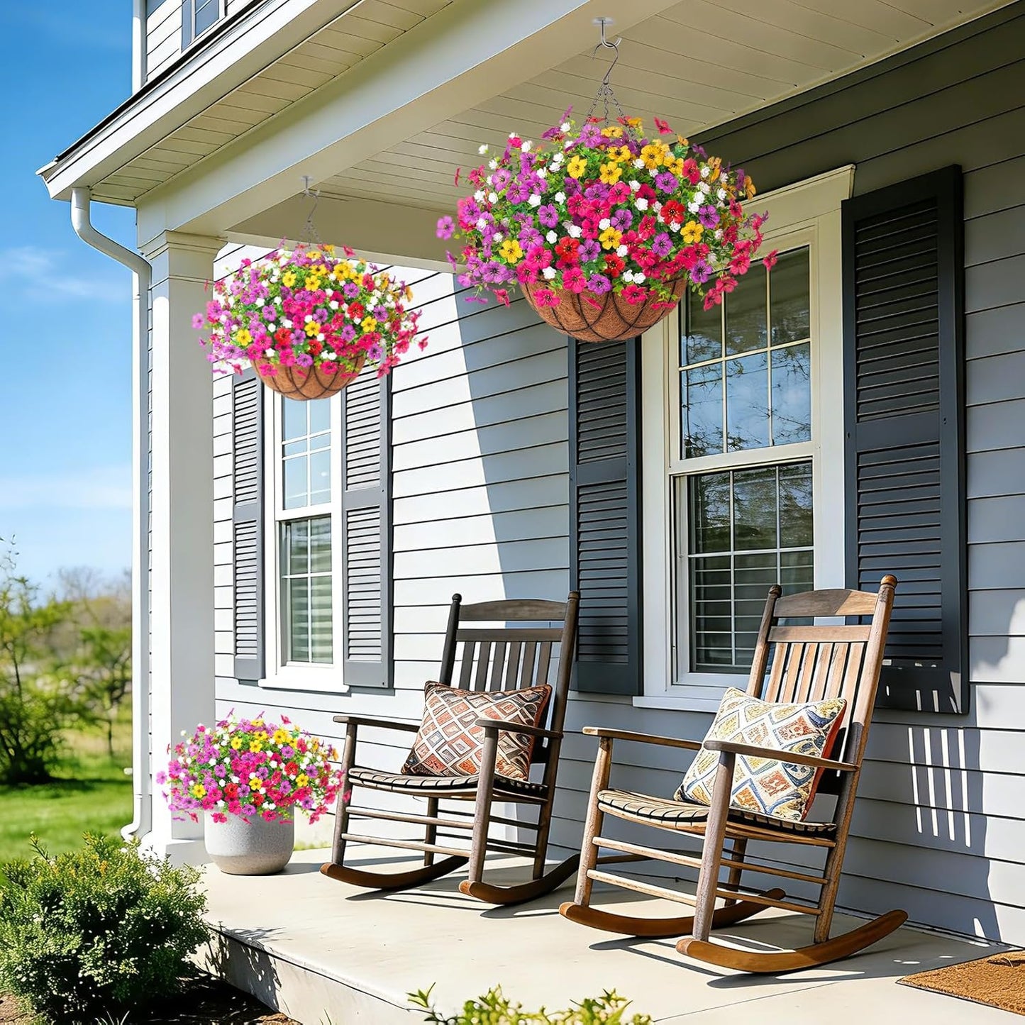Artificial Silk Flowers Hanging Basket for Outdoor Indoor, Daisy with Eucalyptus Leaves Arrangement for Garden Yard Spring Summer Decor, Faux Green Plant in Metal Coconut Lining Pot(Red Purple)