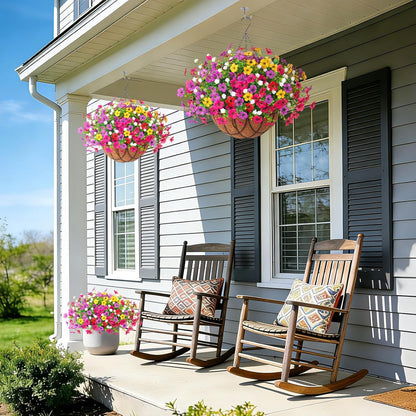Artificial Silk Flowers Hanging Basket for Outdoor Indoor, Daisy with Eucalyptus Leaves Arrangement for Garden Yard Spring Summer Decor, Faux Green Plant in Metal Coconut Lining Pot(Red Purple)