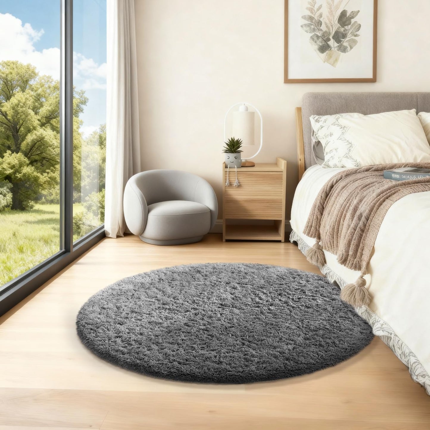 Ophanie Round Rugs 5Ft Ivory Circle Area Rug, Nursery Room Decor, Christmas Aesthetic Bedroom Home Circular Carpet 5 Foot, Fluffy Fuzzy Shag Plush Cream Living Room Rugs for Kids Boys Girls Teen Baby