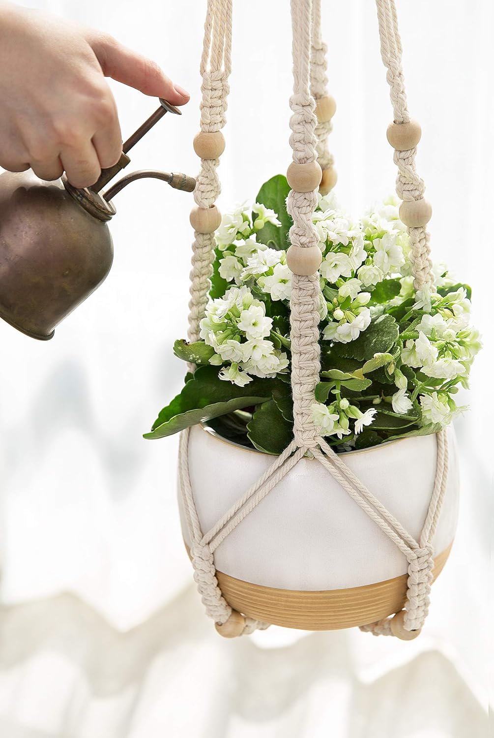 Mkono 3 Pack Macrame Plant Hangers Indoor Different Size Hanging Planter Basket Flower Pot Holder with Beads No Tassels 35"/29"/23", Medium, Brown