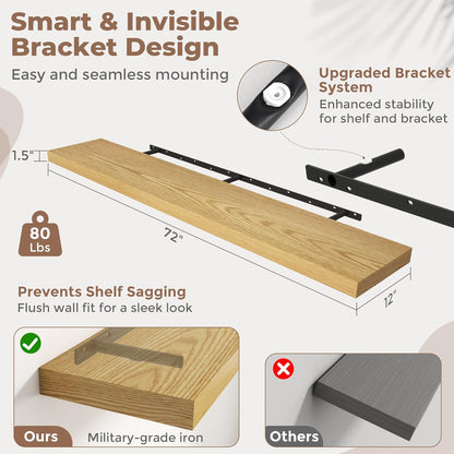 72 Inch Long Floating Shelves for Wall Set of 2, 12"D Wood Grain Bathroom Shelves with Invisible Brackets, Easy Install Engineered Wood Storage Shelves for Kitchen, Living Room, Bedroom, Black Finish