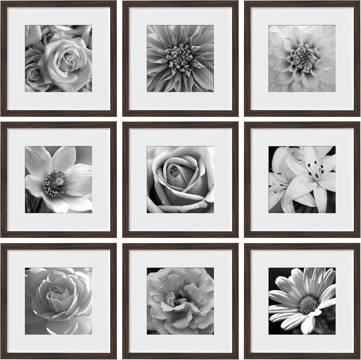 eletecpro 12x12 Picture Frames Set of 9 with Clear Acrylic Cover, Display 8x8 Photos with Mat or 12x12 Without, Classic and Sturdy Square Collage Gallery Wall Decor, Easy Wall Mount, Black