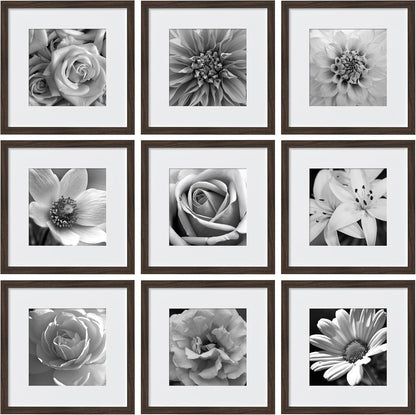 eletecpro 12x12 Picture Frames Set of 9 with Clear Acrylic Cover, Display 8x8 Photos with Mat or 12x12 Without, Classic and Sturdy Square Collage Gallery Wall Decor, Easy Wall Mount, Black