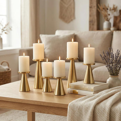 Gold Iron Plate Candle Holder Set of 3-4 & 4.7 & 6.4 Inch Tall, Decorative Iron Pillar Candle Plate, Elegant Candle Stand for LED & Wax Candles, Incense Cones, Spa, Weddings (Candles Not Including)