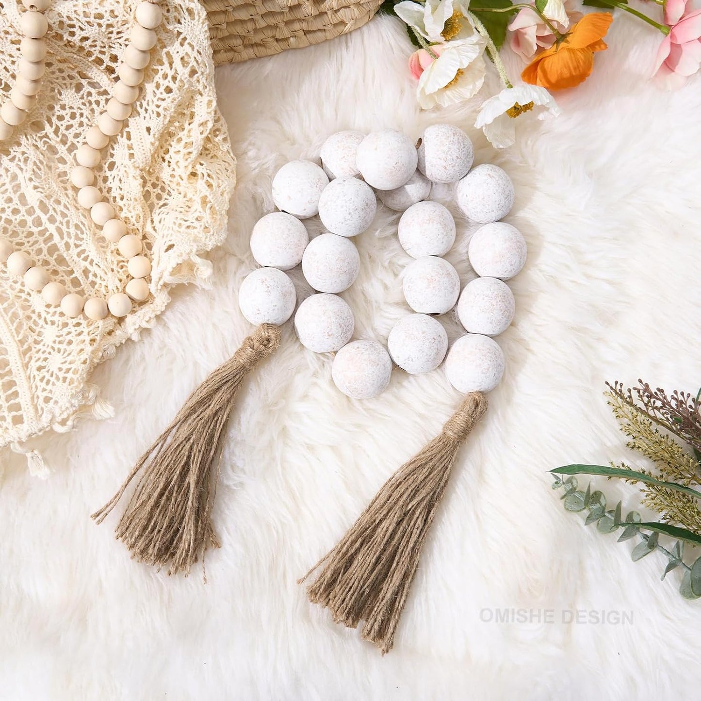 OMISHE Extra Large Wood Bead Garland with 1.6" Diameter Wooden Beads and Tassels, 41" Long Rustic Farmhouse Country Decorative Beads for Home Tiered Tray Decor, Natural Beige