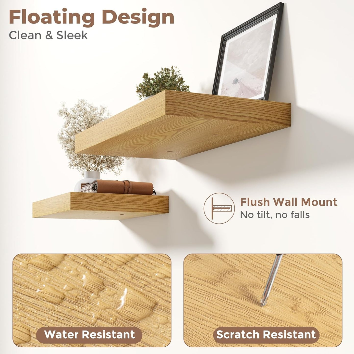 72 Inch Long Floating Shelves for Wall Set of 2, 12"D Wood Grain Bathroom Shelves with Invisible Brackets, Easy Install Engineered Wood Storage Shelves for Kitchen, Living Room, Bedroom, Black Finish