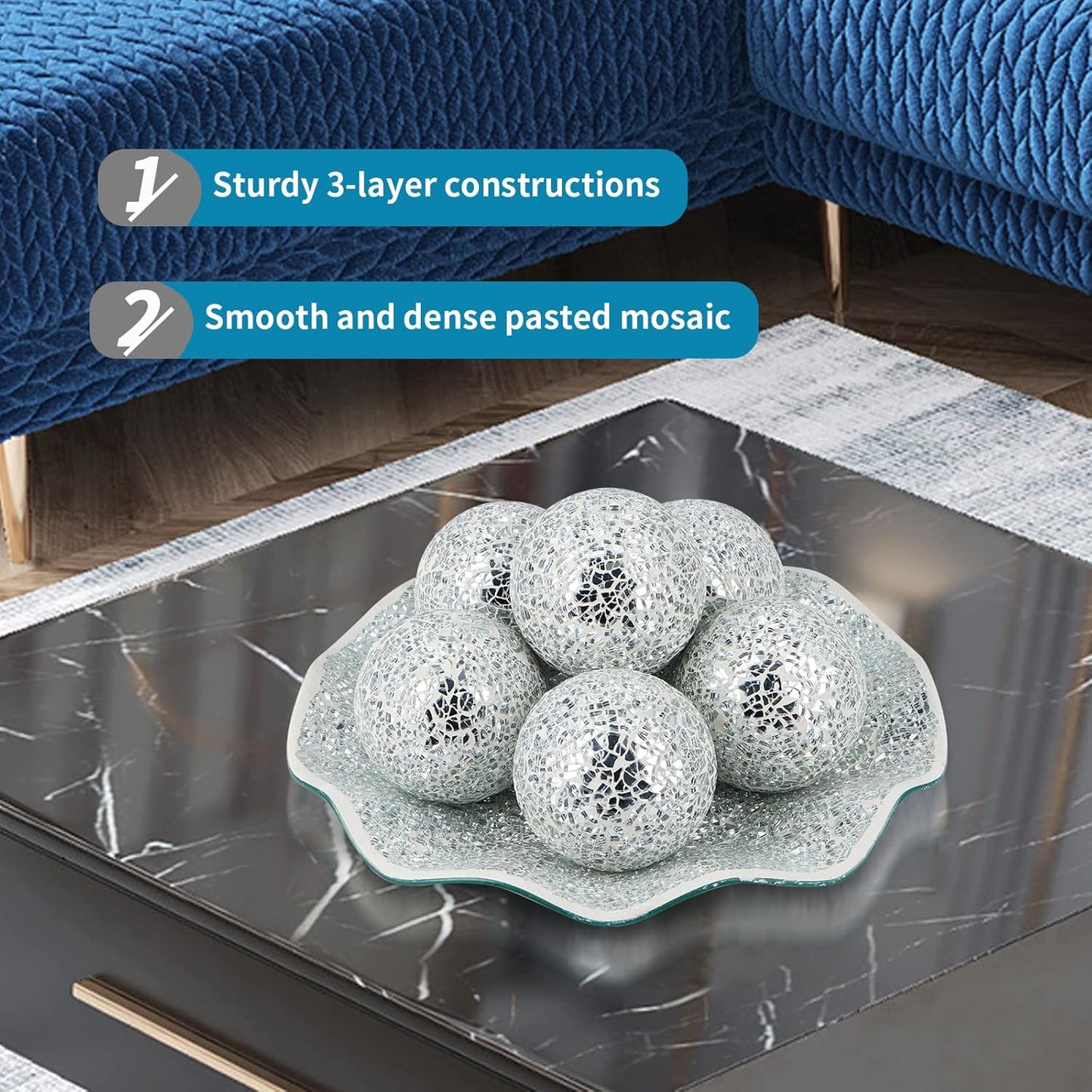 MDLUU 6 Pcs Mosaic Sphere Balls-Diameter 3 in, Decorative Orbs, Centerpiece Balls for Bowls, Vases, Dining Table Decor, Turquoise Blue