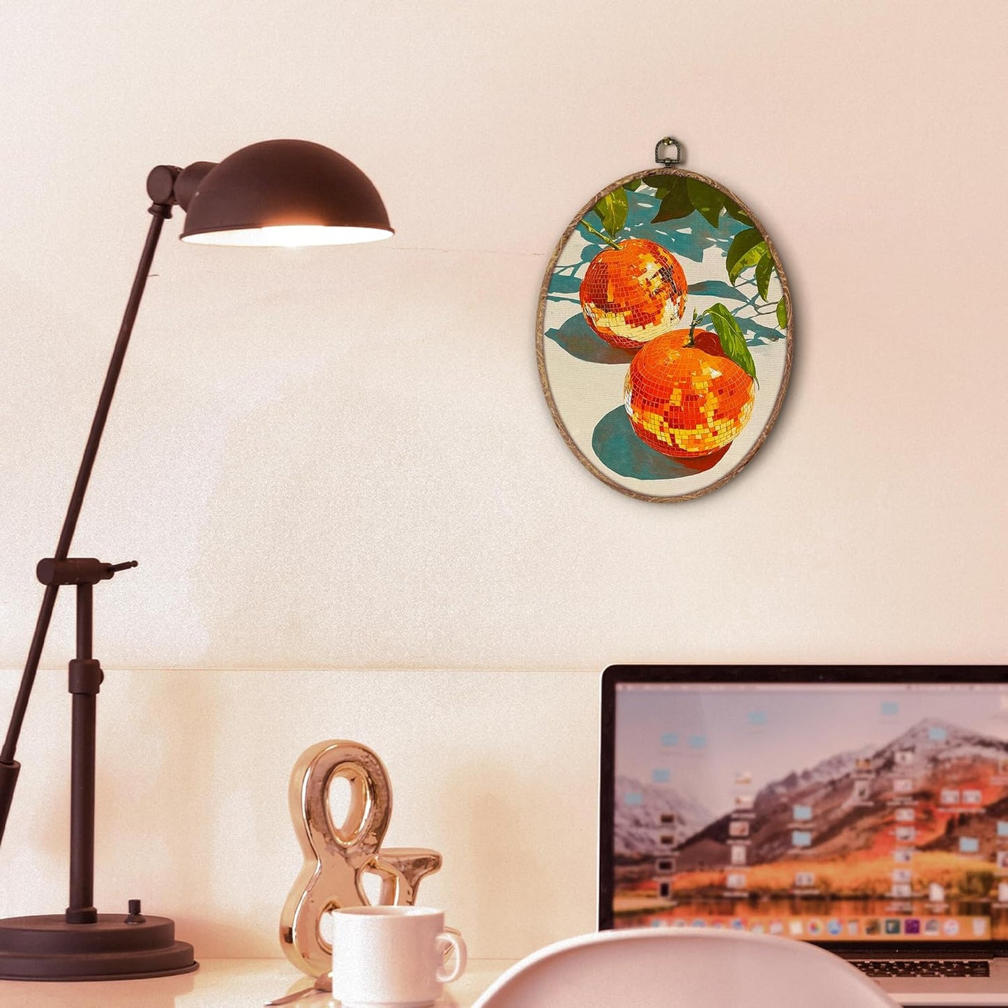 Trendy Funky Orange Disco Ball Oval Wall Art Framed, Funky Retro Oval Wall Decor, Trendy Aesthetic Hanging Canvas Prints Wall Sculptures for Home Living Room Bedroom Decor, 8.5x11.5 Inch