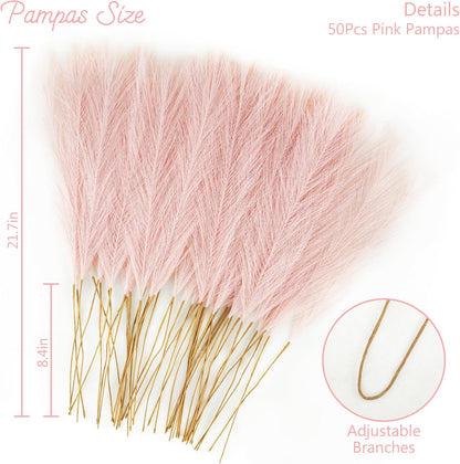 obbsie 50pcs Pink Faux Pampas Grass Decor, 21.6" Short Artificial Floral Branches Vase Filler Flower Arrangement for Home Wedding Boho Outdoor Decor
