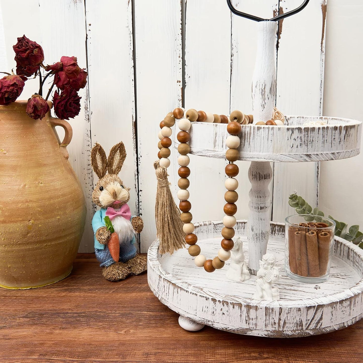 OMISHE 59in Wood Bead Garland with Tassels, Decorative Beads, Farmhouse Wooden Beads Garland for Wall Hanging Home Festival Decor, Aqua, Teal