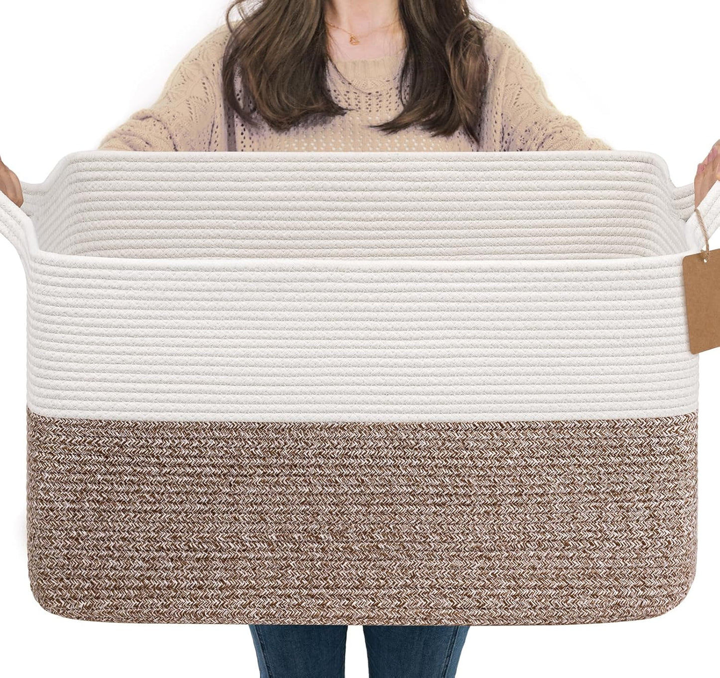 Goodpick Woven Storage Basket, Cotton Rope Basket for Dog Toys, Books, Stylish Gift Basket with Handles, 13 x 10 x 9 Inches Square Baskets for Organizing, Brown and White