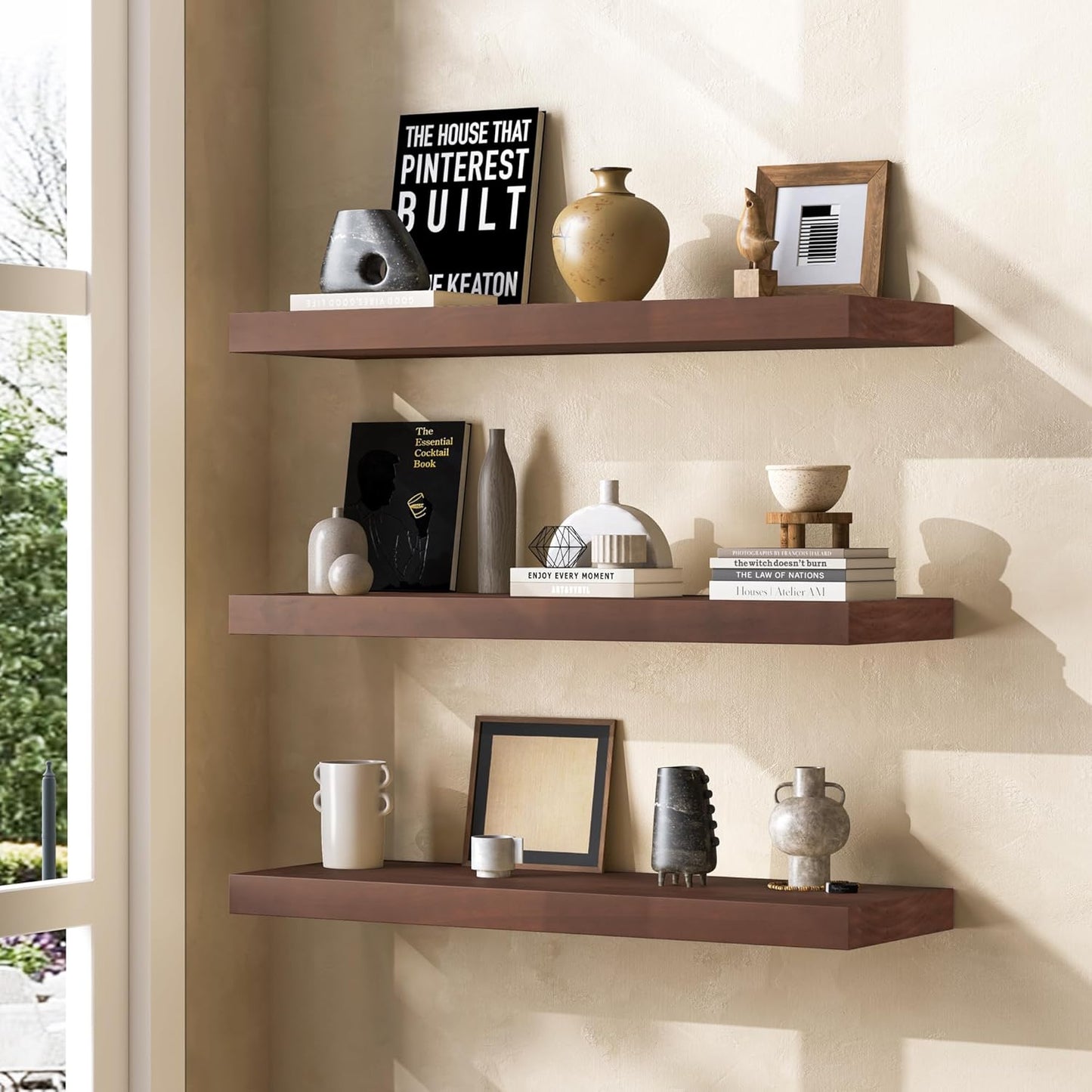 Floating Shelves 36 Inches Long - 8 Inch Deep Rustic Premium Solid Pine Wood for Storage - Farmhouse Wall Mounted for Living Room - Heavy-Duty Metal Bracket - 36" W x 8" D - Set of 2 - White Color