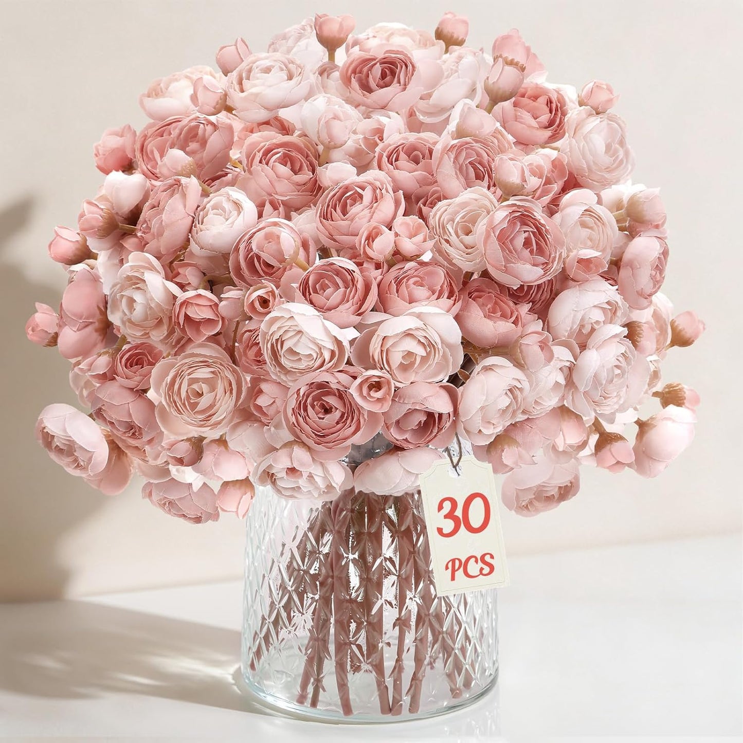 Alupssuc 30Pcs Ranunculus Artificial Flowers Faux Silk Mini Ranunculus, Spring Flowers Artificial Indoor for DIY Bouquets, Bulk Fake Wedding Filler Flowers for Bride Shower Decorations, Shabby Blush