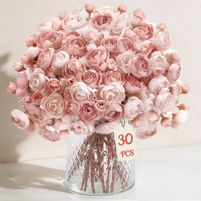 Alupssuc 30Pcs Ranunculus Artificial Flowers Faux Silk Mini Ranunculus, Spring Flowers Artificial Indoor for DIY Bouquets, Bulk Fake Wedding Filler Flowers for Bride Shower Decorations, Shabby Blush