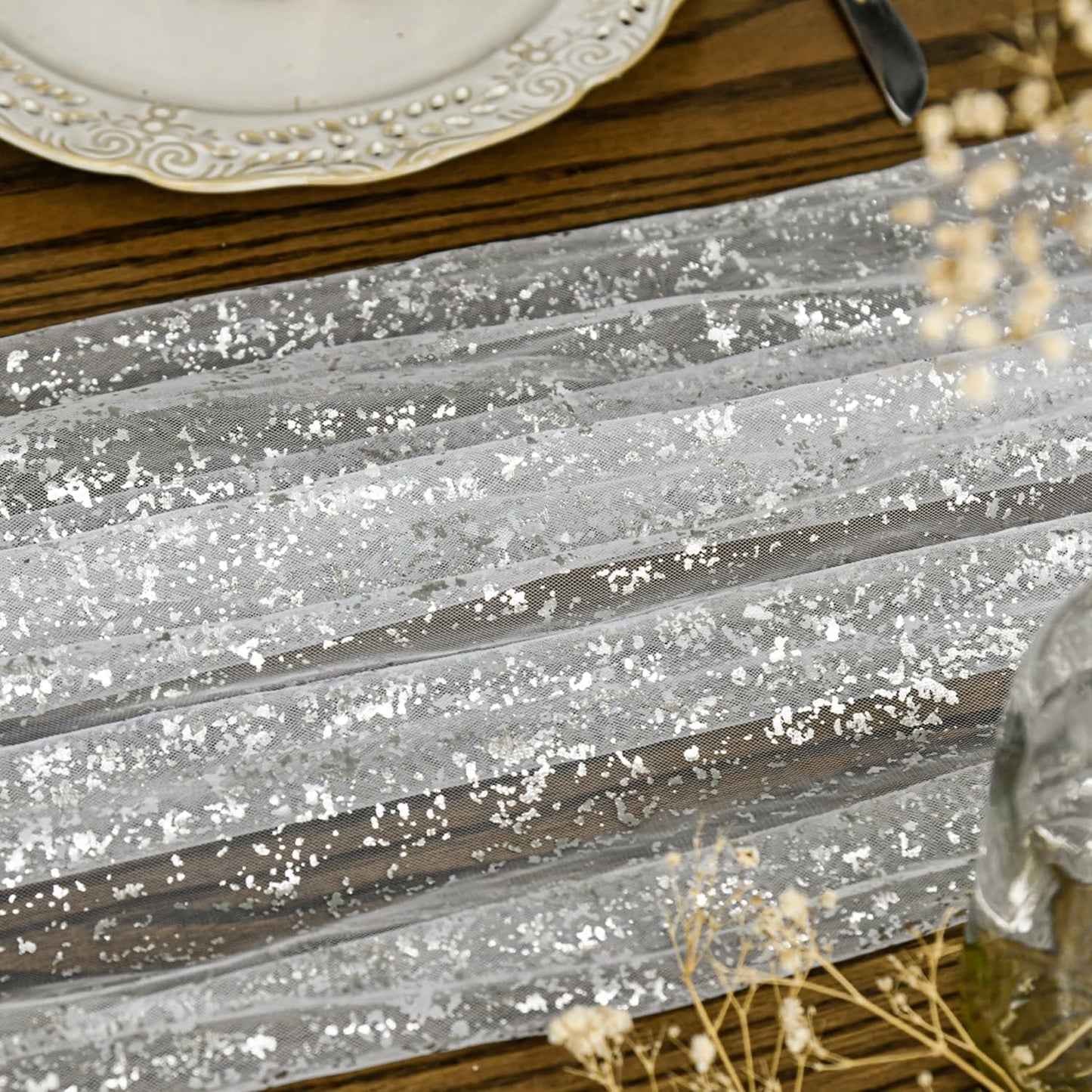 Artoid Mode Beige Gold Gauze Table Runner 120 Inch 10FT, Glitter Metallic Foil Sheer Dining Wedding Anniversary Holiday Birthday Table Decor for Home Party