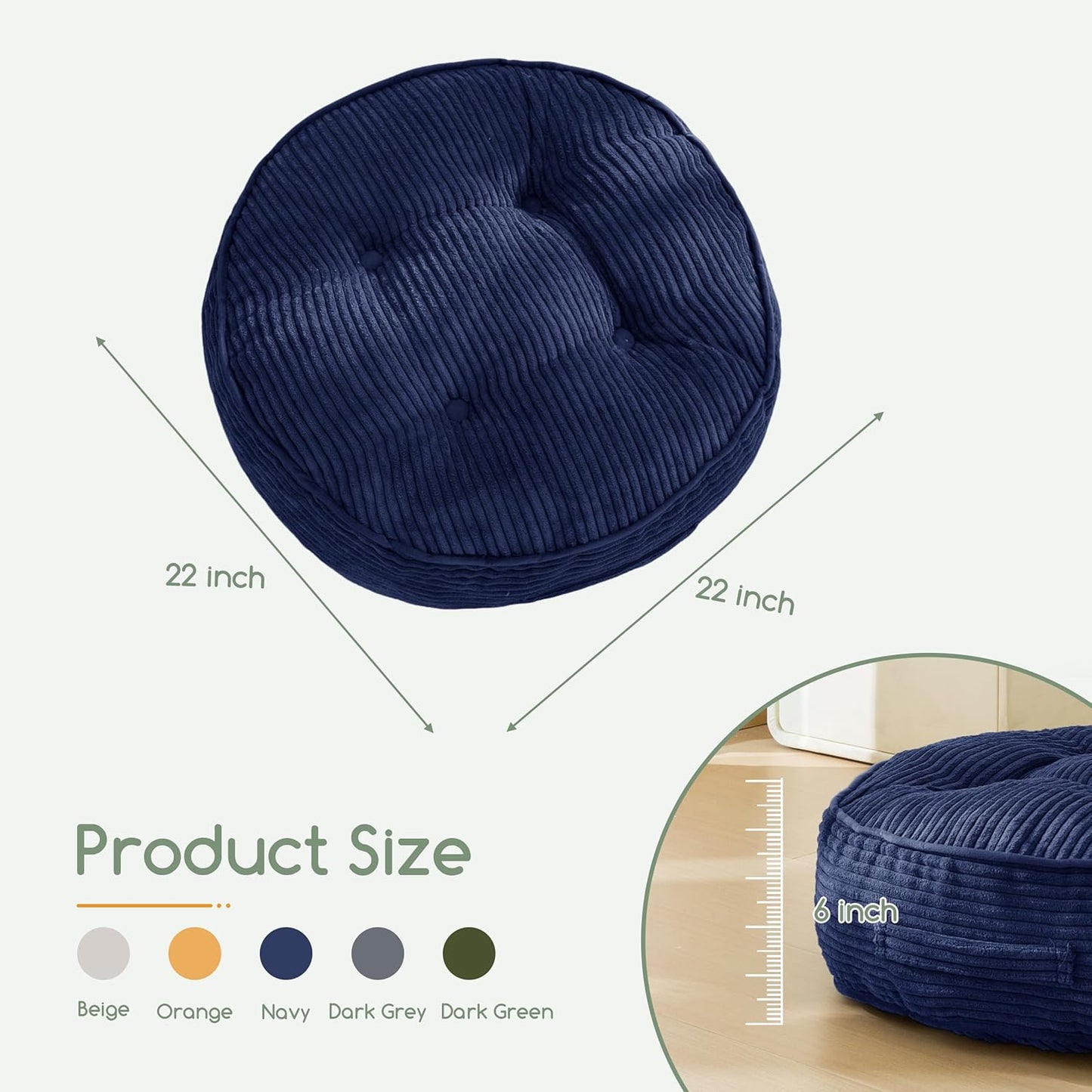 HIGOGOGO 6" Extra Thick Floor Pillow Cushion for Adults, Meditation Cushion Pillow, Large Square Floor Sitting, Tufted Corduroy Cover, for Tatami Living Room or Yoga, 22x22 Inch, 2Pack, Dark Grey