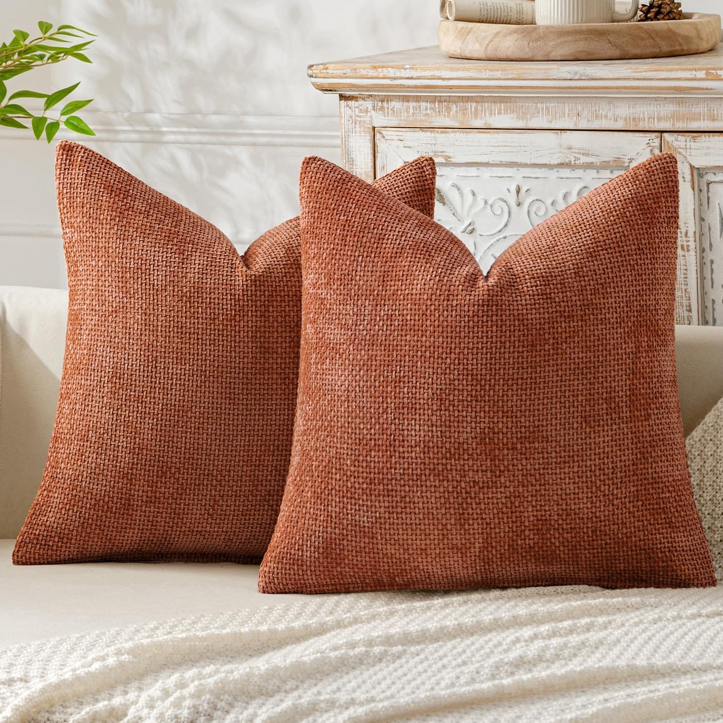 MIULEE Pack of 2 Couch Throw Pillow Covers 18x18 Inch Neutral Beige Modern Boho Accent Decorative Pillow Covers Soft Chenille Farmhouse Cushion Covers for Home Decor Bed Sofa Living Room