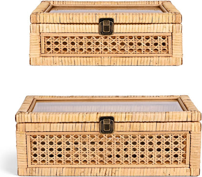 HUAXIN CRAFT H Rattan Decorative Box with Lid, Rectangular Woven with Glass for Display, Set of 2 Wicker for Decor