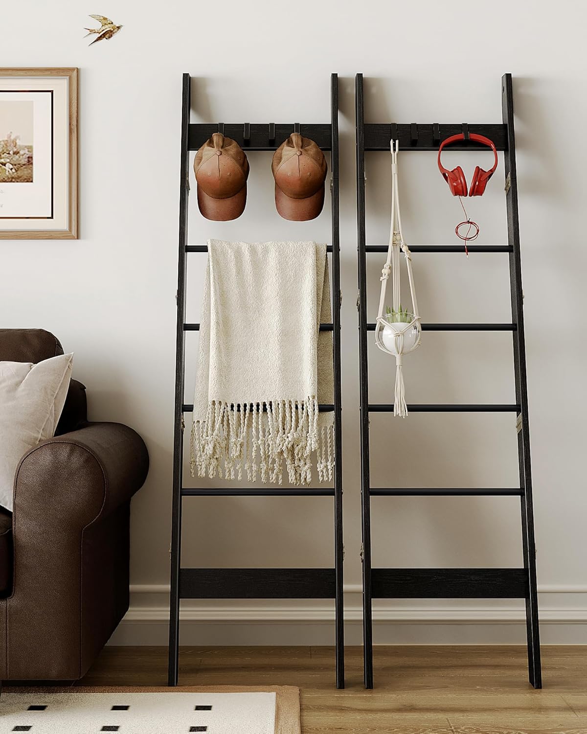 Hzuaneri Blanket Ladder for Living Room, Decorative Quilt Rack with 4 Removable Hooks, 5-Tier Farmhouse Ladder Holder Shelf Organizer for Bedroom, Rustic Brown and Black 02101BBR