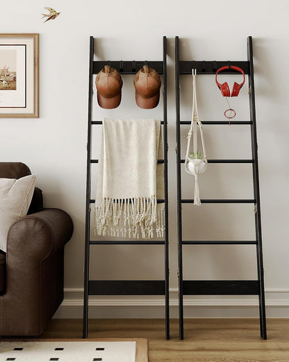 Hzuaneri Blanket Ladder for Living Room, Decorative Quilt Rack with 4 Removable Hooks, 5-Tier Farmhouse Ladder Holder Shelf Organizer for Bedroom, Rustic Brown and Black 02101BBR