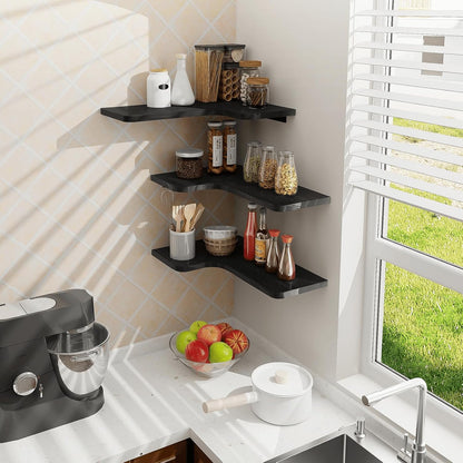 Homode Corner Floating Shelves, Set of 3 Corner Wall Shelves with Wire Hole, L-Shaped Wood Hanging Storage Shelf for Wall Decor, for Bathroom Kitchen Bedroom, White
