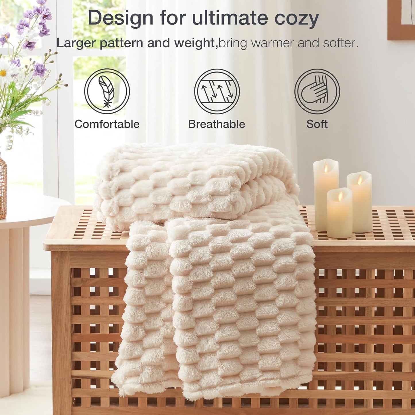 EXQ Home Fleece Throw Blanket for Couch or Bed - 3D Imitation Turtle Shell Jacquard Decorative Blankets - Cozy Soft Lightweight Fuzzy Flannel Blanket Suitable for All Seasons(50"×60",Beige)