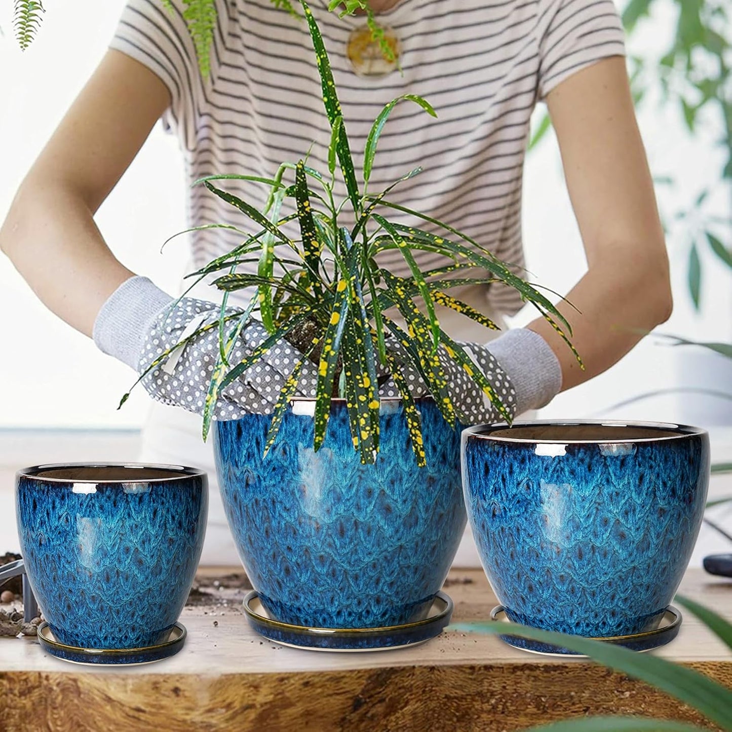 Plant Pots Indoor, Ceramic Planters Pots with Drainage Holes and Saucers, 10+8+6 Inch, Set of 3, Round Large Flower Pots for Indoor Outdoor Plants, Blue
