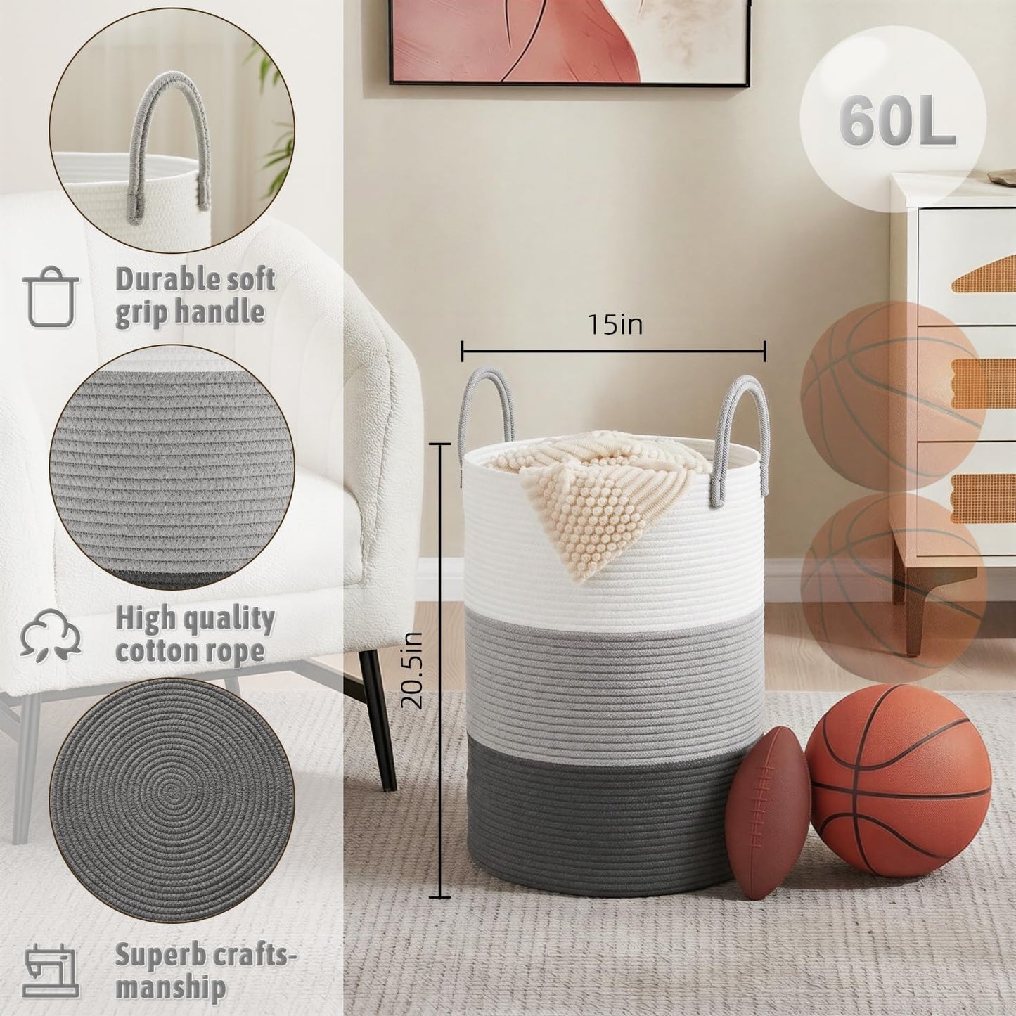 Artfeel Laundry Basket,Woven Cotton Rope Laundry Hamper,60L for Decor Storage of Dirty Clothes,Toys and Blankets in Bathroom,Baby Room and Living Room
